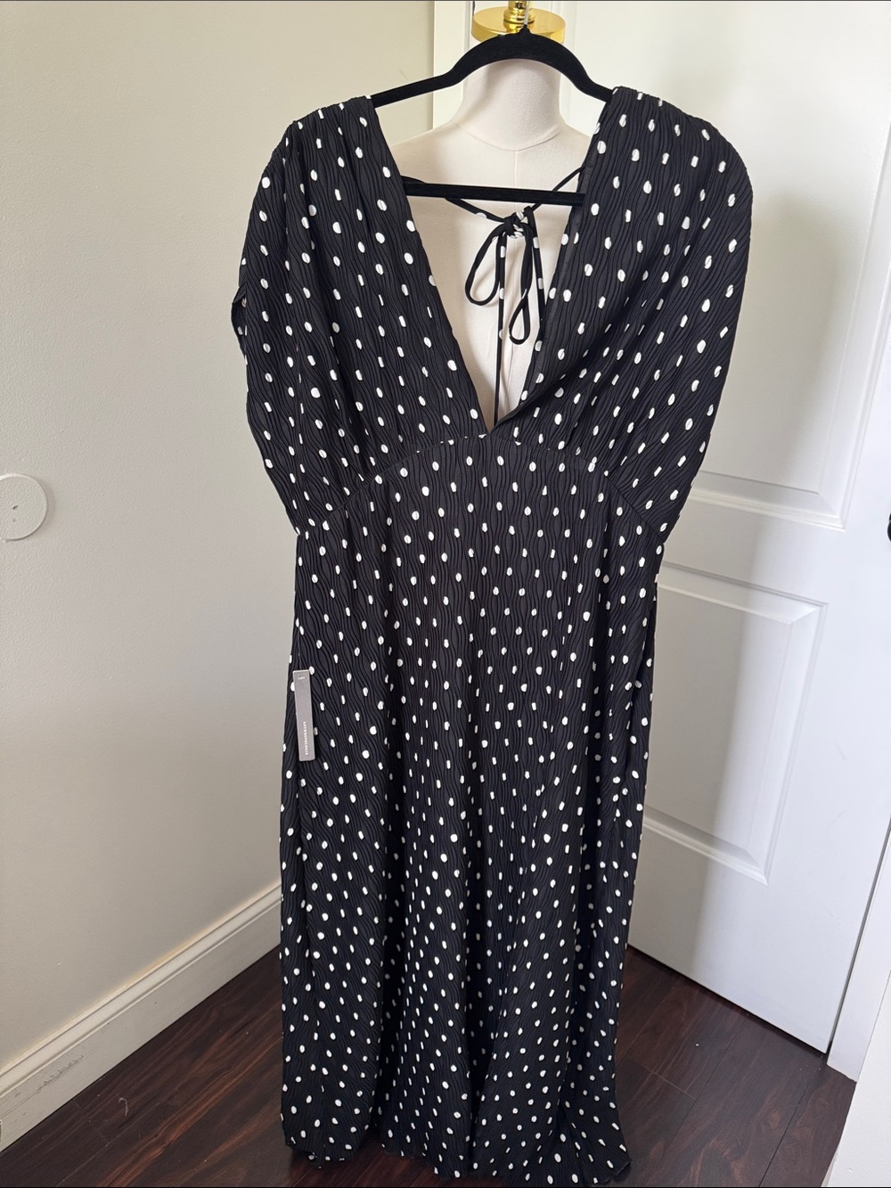 Anthropologie Black Polka Dot V-Neck Midi Dress with Back Tie new with tags